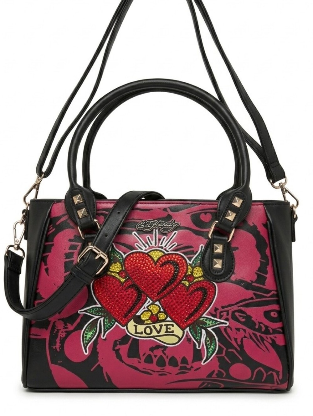 ED HARDY Rhinestone Heart Studded Insulated Satchel Tote Lunch Bag Crossbody NWT